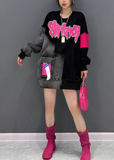 Sudadera vaquera con cuello redondo y estampado de letras negras, hecha a mano, para otoño
